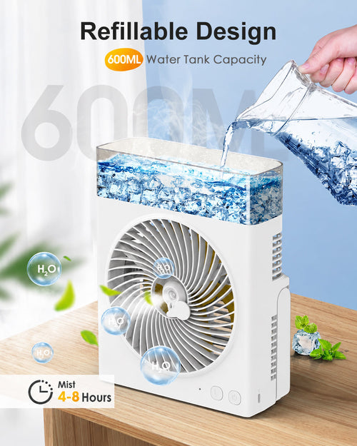 ❄️ BVJ Portable Misting Fan with 600ml Water Tank | ❄️Up to 30H Battery Life • USB Rechargeable • Quiet & Compact | Perfect for Home, Office, Camping & Travel