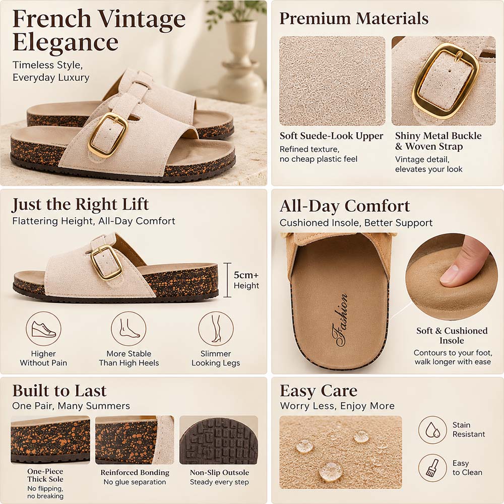Vintage Buckle Slides for Women & Men – Suede-Look Adjustable Strap Sandals, Comfortable Everyday Walking Shoes with Cushioned Footbed