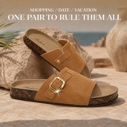Vintage Buckle Slides for Women & Men – Suede-Look Adjustable Strap Sandals, Comfortable Everyday Walking Shoes with Cushioned Footbed