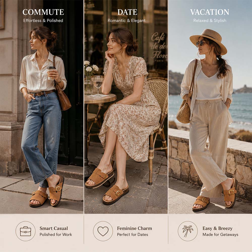 Vintage Buckle Slides for Women & Men – Suede-Look Adjustable Strap Sandals, Comfortable Everyday Walking Shoes with Cushioned Footbed