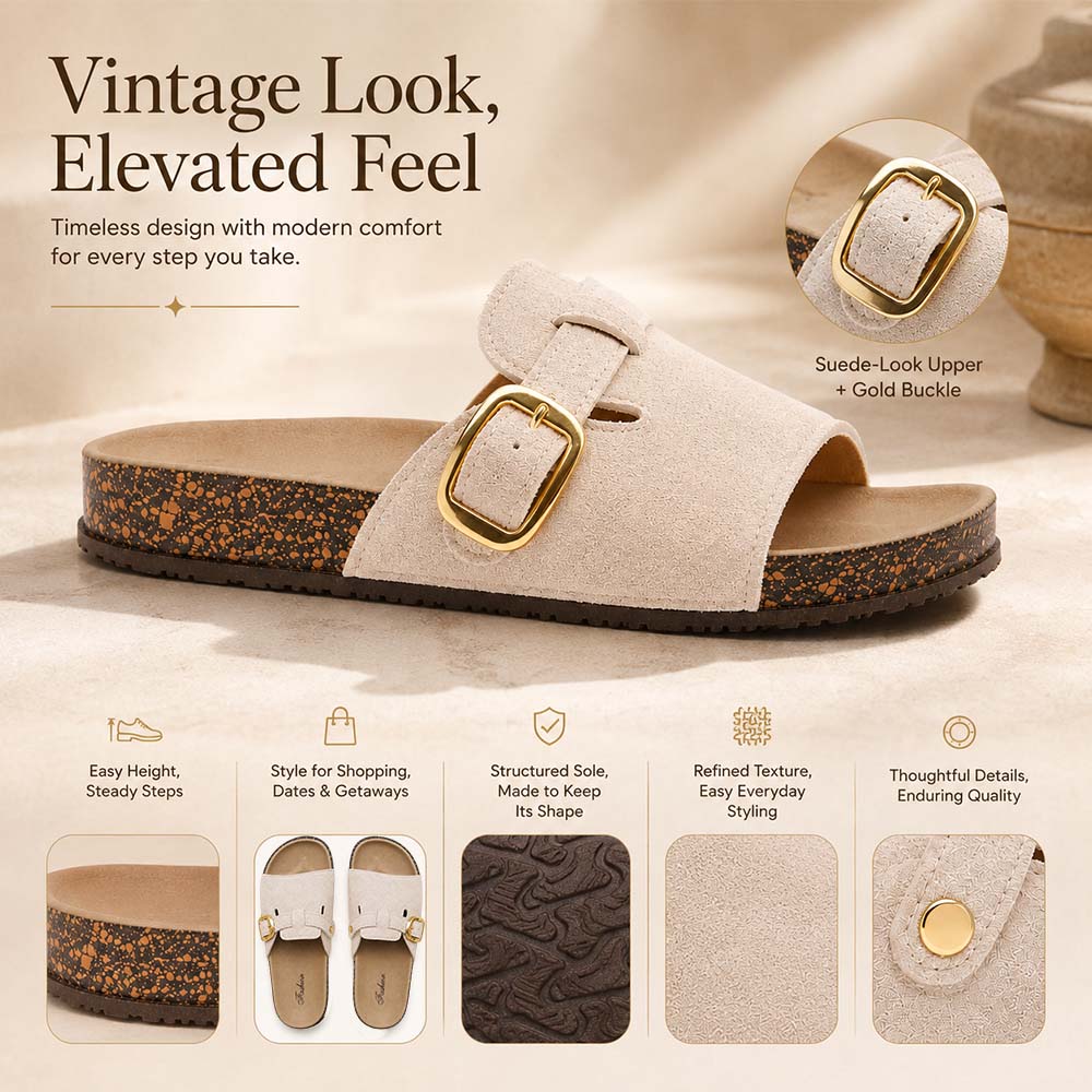 Vintage Buckle Slides for Women & Men – Suede-Look Adjustable Strap Sandals, Comfortable Everyday Walking Shoes with Cushioned Footbed