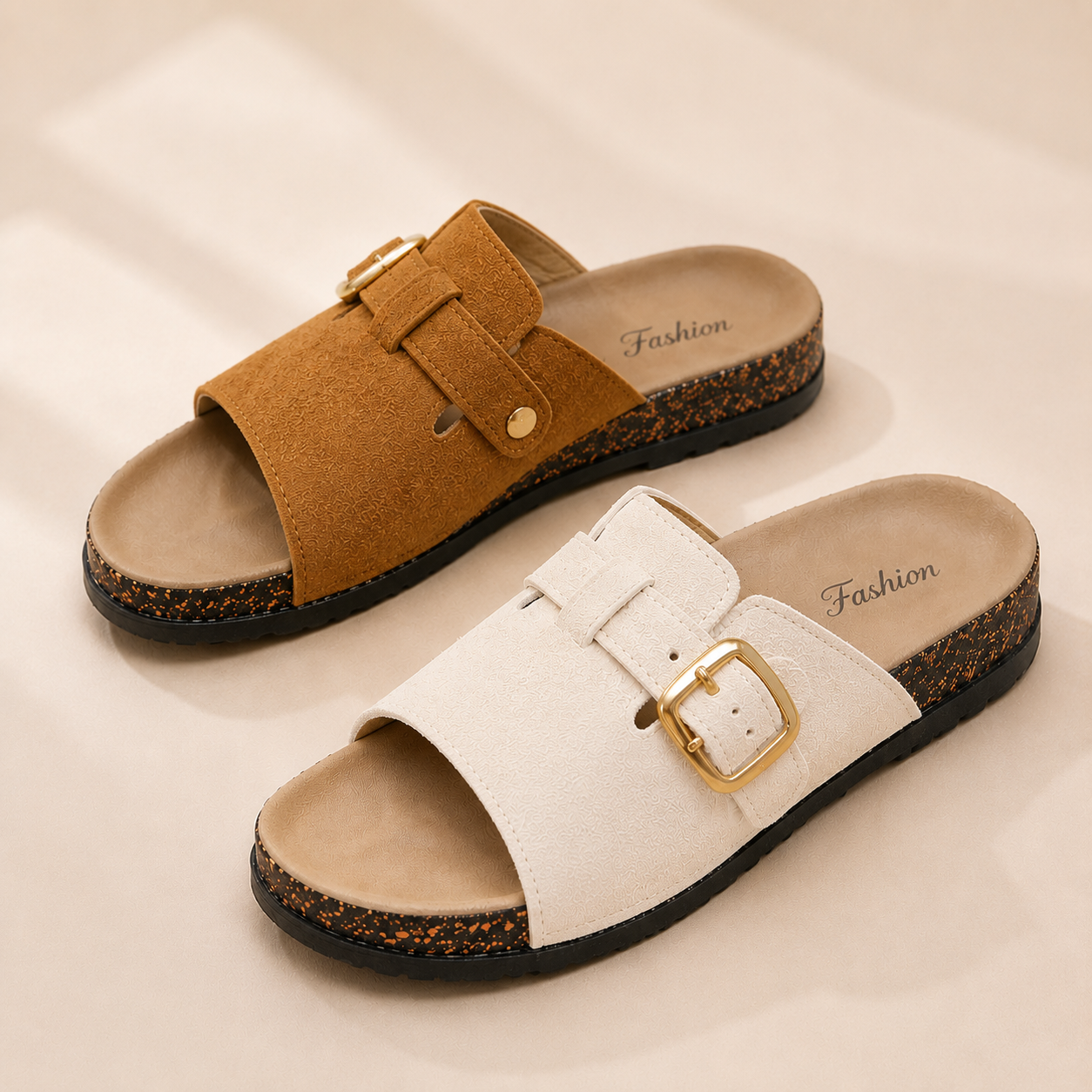 Vintage Buckle Slides for Women & Men – Suede-Look Adjustable Strap Sandals, Comfortable Everyday Walking Shoes with Cushioned Footbed