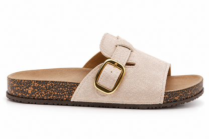 Vintage Buckle Slides for Women & Men – Suede-Look Adjustable Strap Sandals, Comfortable Everyday Walking Shoes with Cushioned Footbed